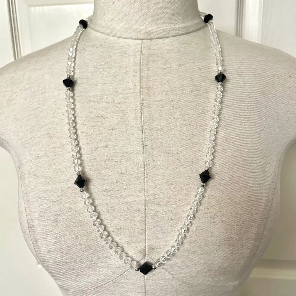 Trifari silver tone black and clear beaded necklace